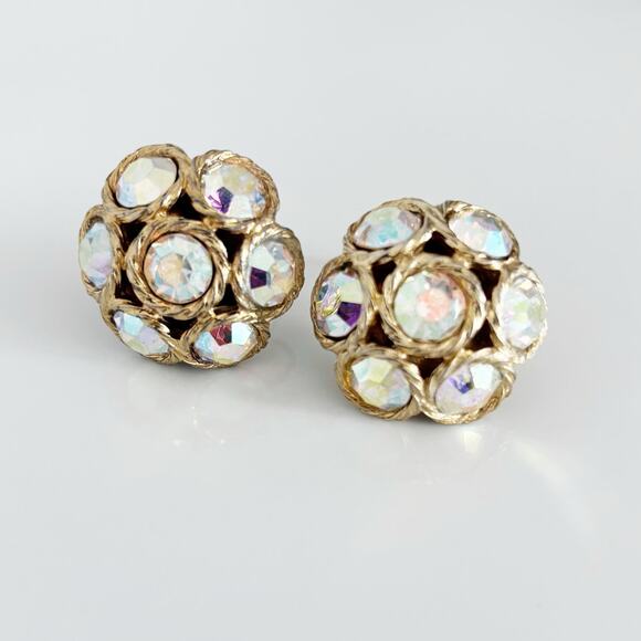 Vintage Aurora Borealis Dome Clip On Earrings - Picture 2 of 13